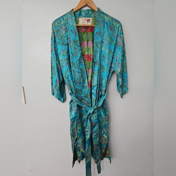 Peony Brand Kimono Robe Womens S Blue Satin Shanghai Vintage Chinese Jacket